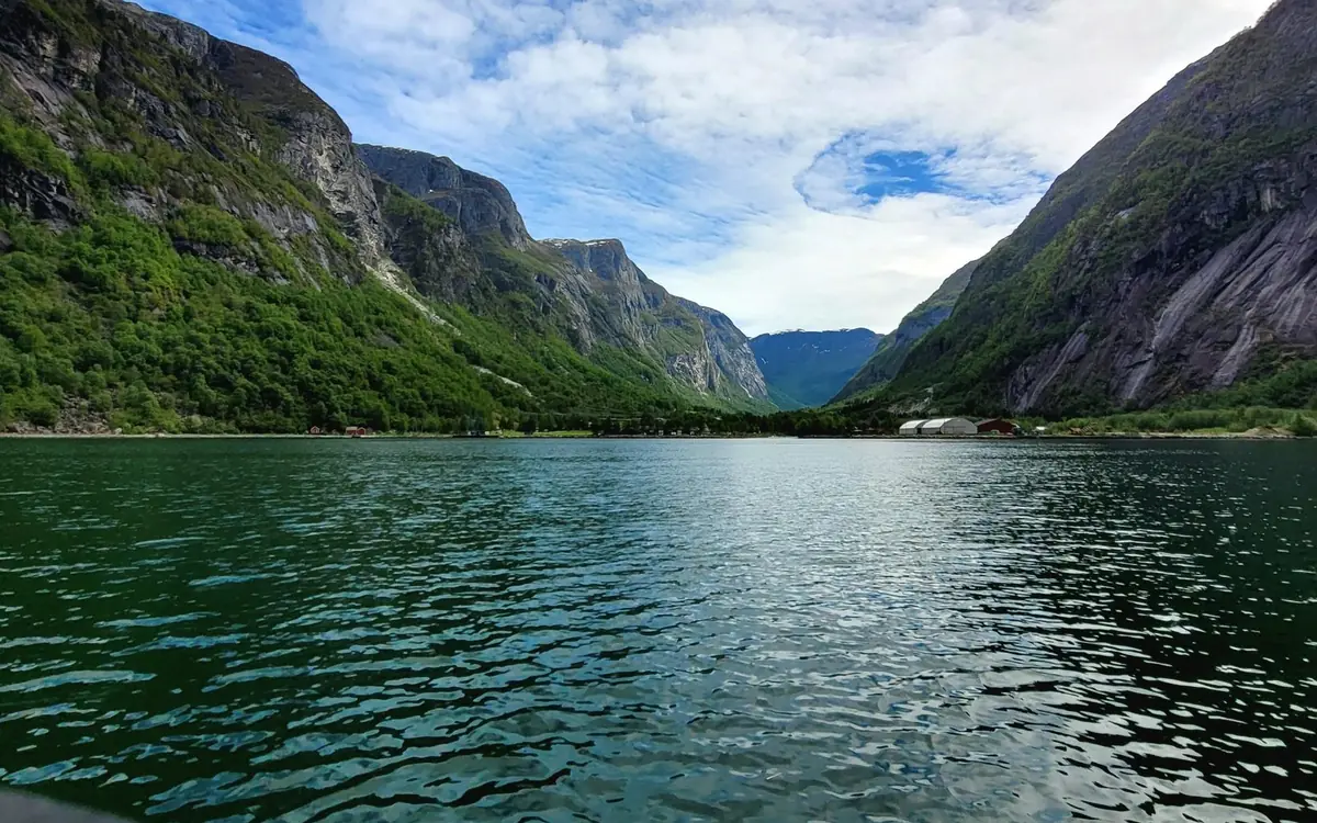 A panorama of the Hardangerfjord with mountains and water