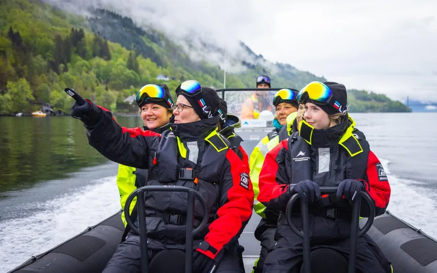 Passengers on a RIB safari in the Fyksesund arm of the Hardangerfjord
